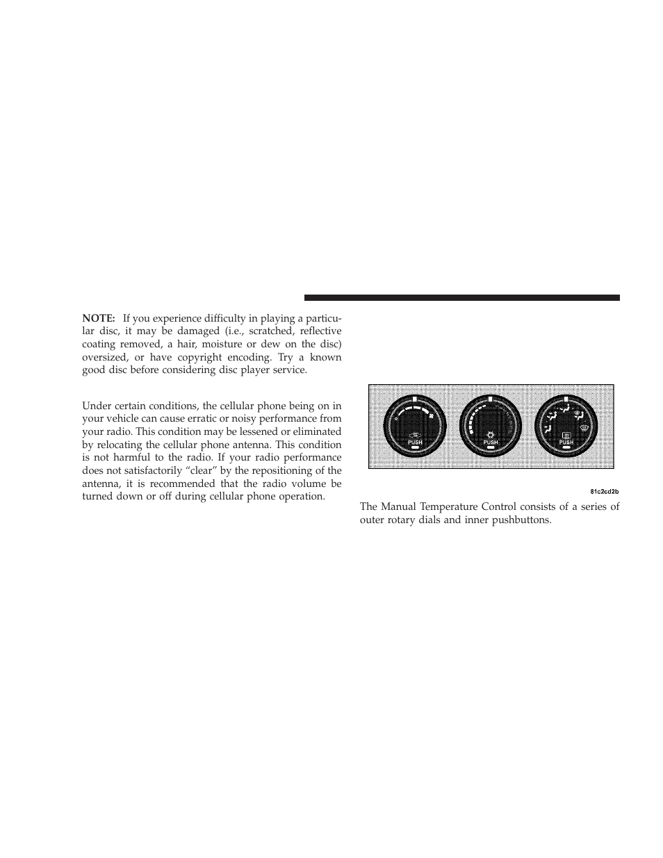 Radio operation and cellular phones, Climate controls, Manual air conditioning and heating system | Manual air conditioning and heating, System | Dodge 2009 Challenger SRT8 User Manual | Page 232 / 440