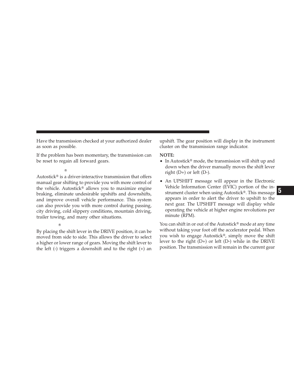 Autostick, Autostick operation, Autostick௡ operation | Dodge 2009 Challenger SRT8 User Manual | Page 265 / 440