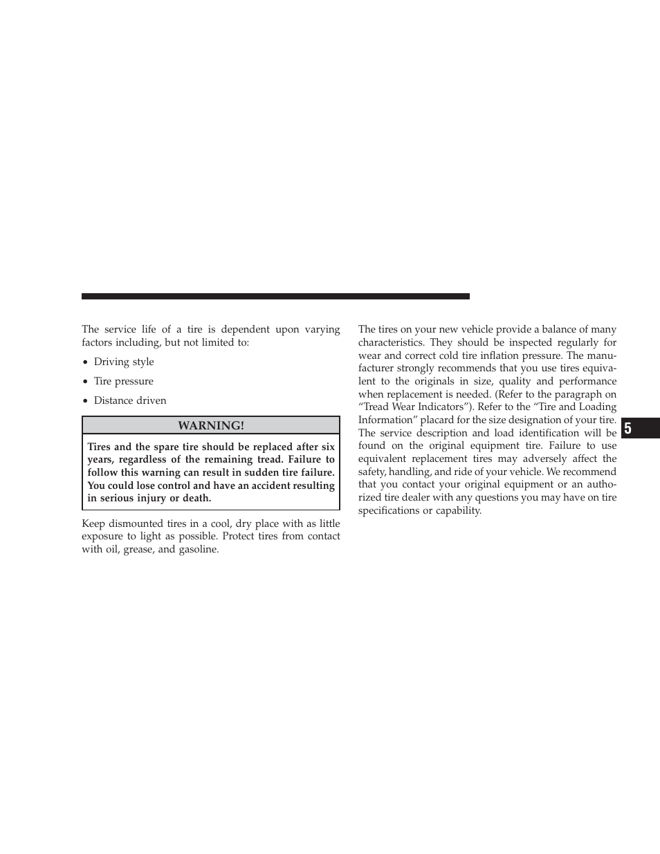 Life of tire, Replacement tires | Dodge 2009 Challenger SRT8 User Manual | Page 301 / 440