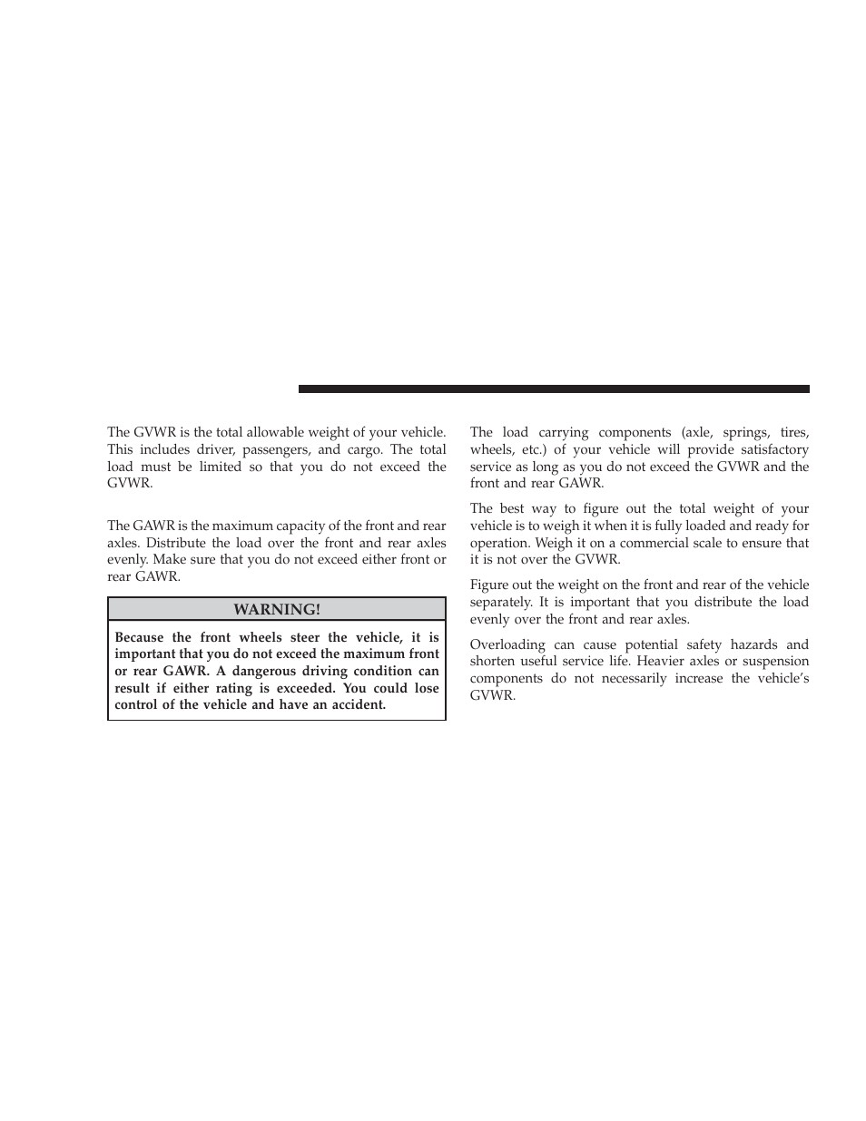 Gross vehicle weight rating (gvwr), Gross axle weight rating (gawr), Overloading | Dodge 2009 Challenger SRT8 User Manual | Page 318 / 440