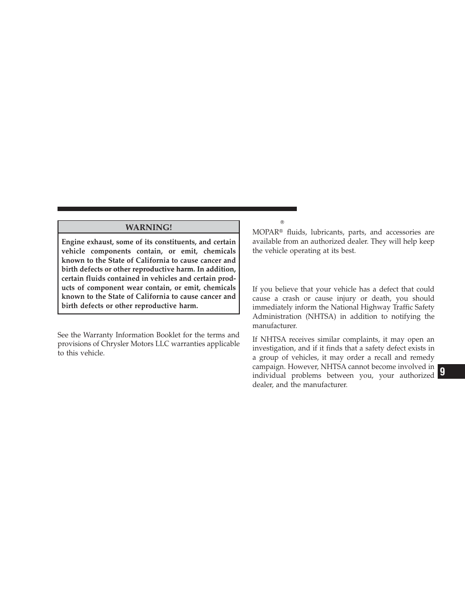 Warranty information (u.s. vehicles only), Mopar parts, Reporting safety defects | In the 50 united states and washington, d.c, Mopar௡ parts, In the 50 united states and washington | Dodge 2009 Challenger SRT8 User Manual | Page 411 / 440