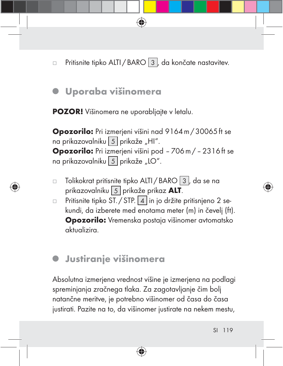 Uporaba višinomera, Justiranje višinomera | Auriol Z29592 User Manual | Page 119 / 221