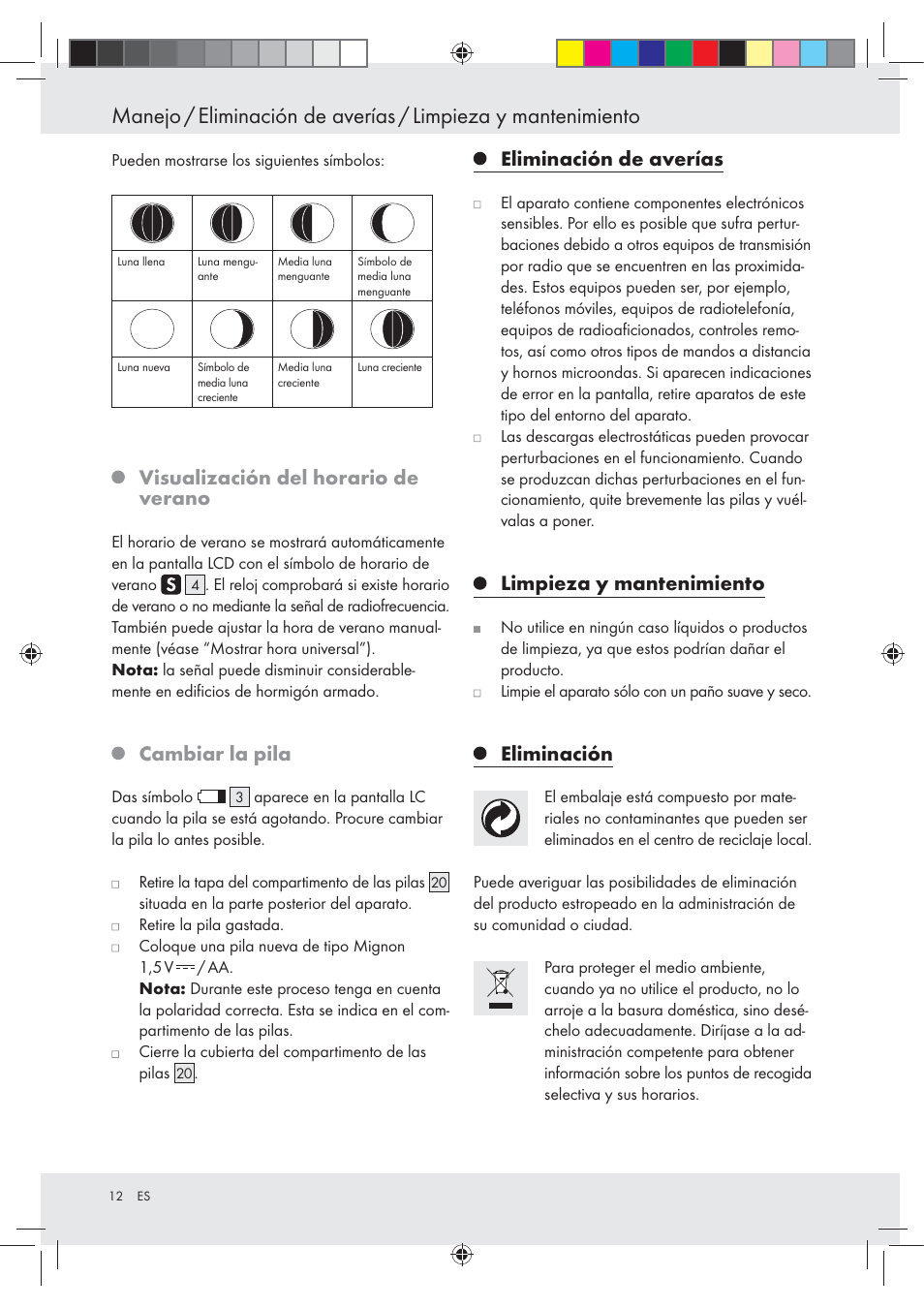 Visualización del horario de verano, Cambiar la pila, Eliminación de averías | Limpieza y mantenimiento, Eliminación | Auriol Z29620A_B User Manual | Page 12 / 49