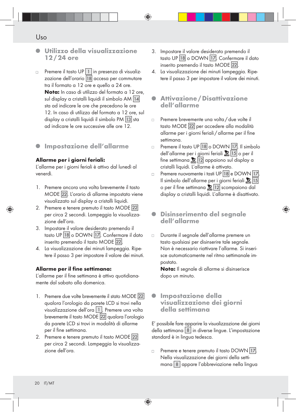 Utilizzo della visualizzazione 12 / 24 ore, Impostazione dell’allarme, Attivazione / disattivazione dell’allarme | Disinserimento del segnale dell’allarme | Auriol Z29620A_B User Manual | Page 20 / 49