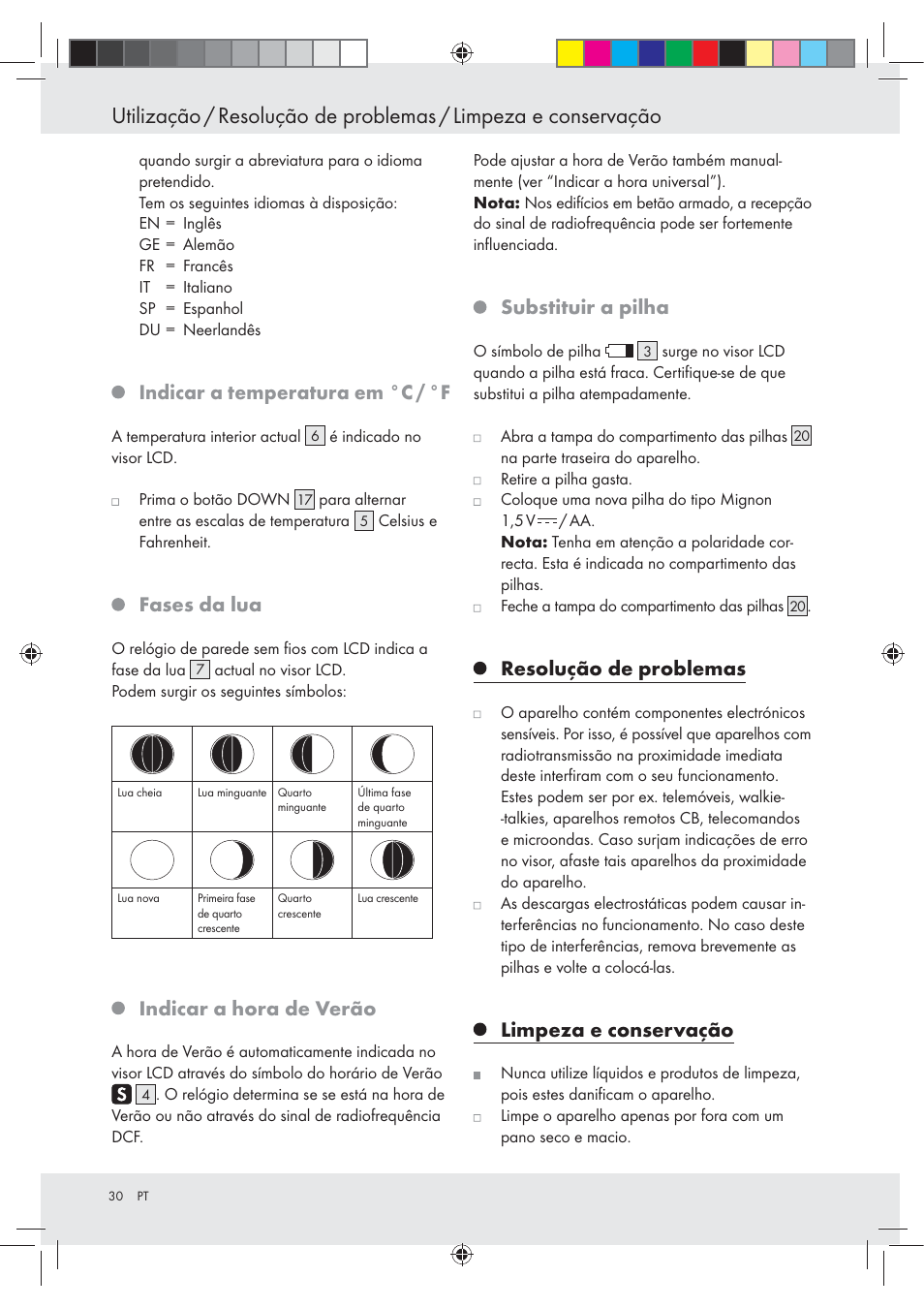 Indicar a temperatura em °c / °f, Fases da lua, Indicar a hora de verão | Substituir a pilha, Resolução de problemas, Limpeza e conservação | Auriol Z29620A_B User Manual | Page 30 / 49