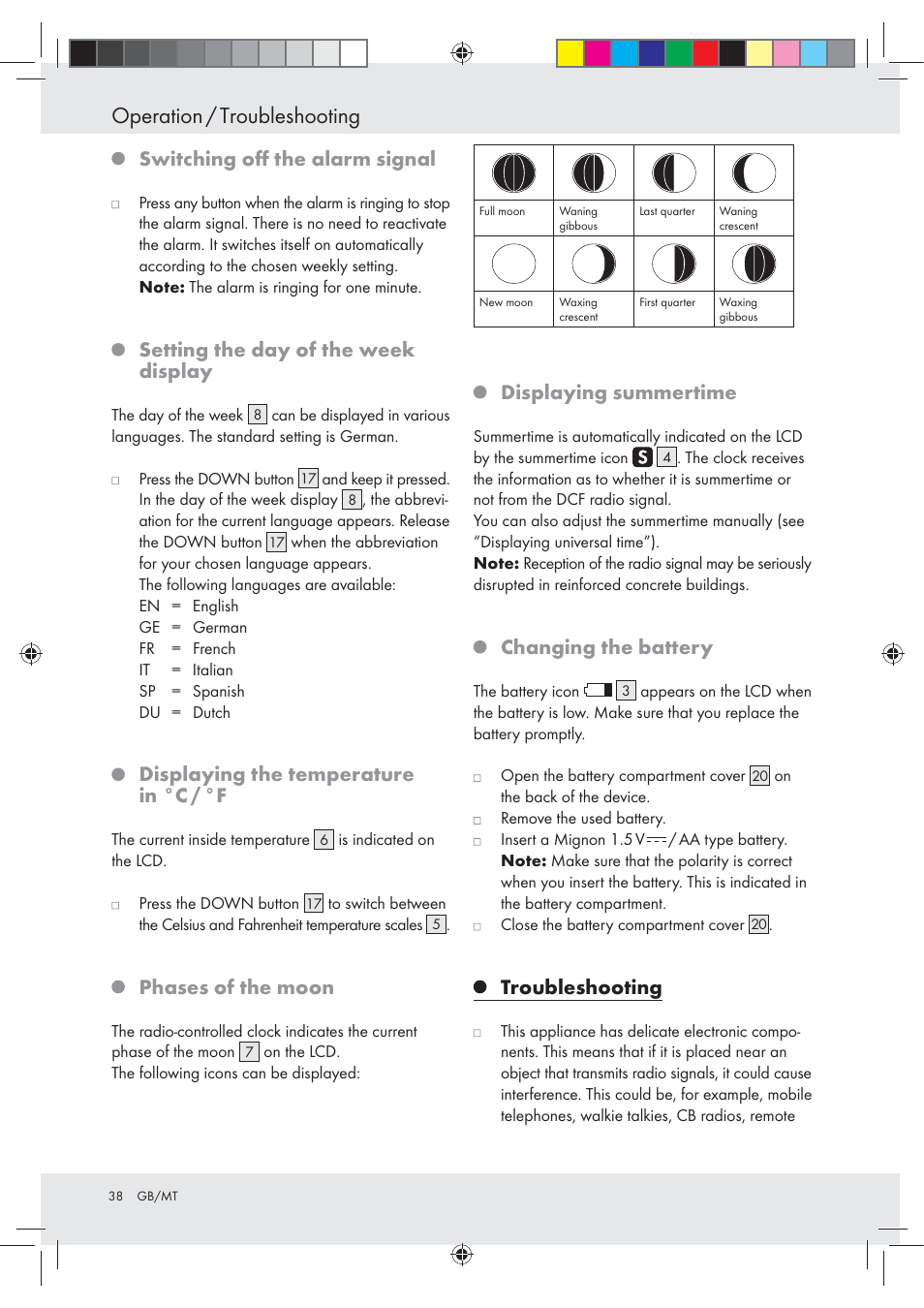 Operation / troubleshooting, Switching oﬀ the alarm signal, Setting the day of the week display | Displaying the temperature in °c / °f, Phases of the moon, Displaying summertime, Changing the battery, Troubleshooting | Auriol Z29620A_B User Manual | Page 38 / 49