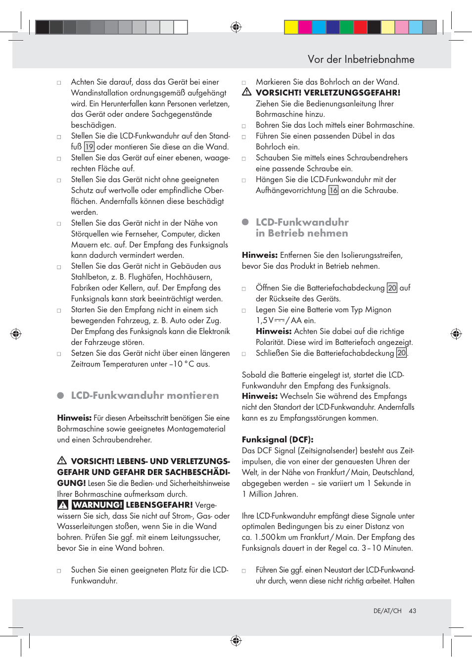 Vor der inbetriebnahme, Lcd-funkwanduhr montieren, Lcd-funkwanduhr in betrieb nehmen | Auriol Z29620A_B User Manual | Page 43 / 49