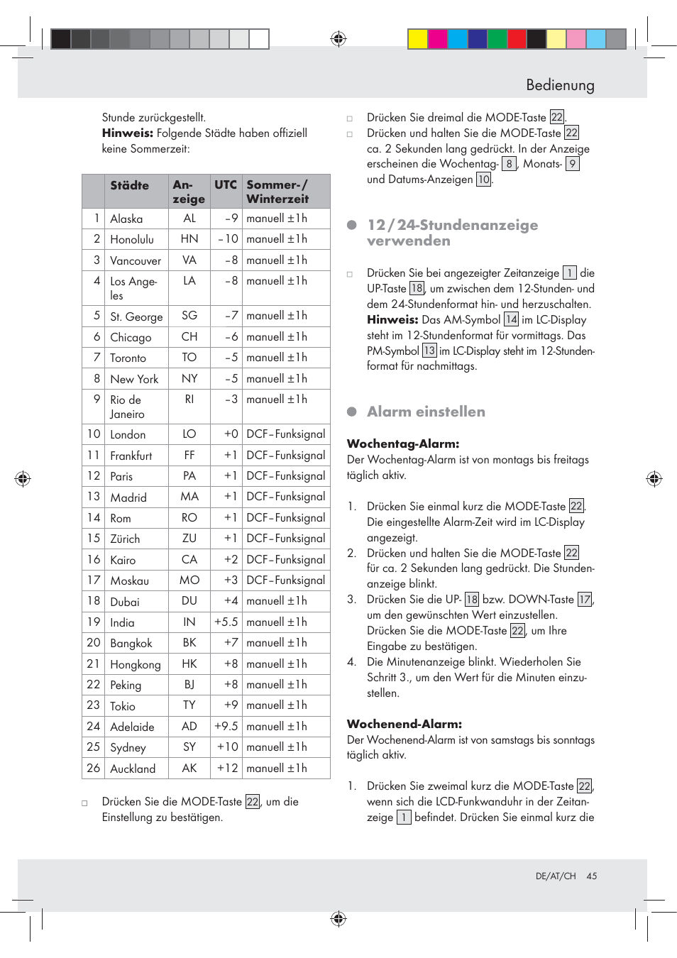 Bedienung, 12 / 24-stundenanzeige verwenden, Alarm einstellen | Auriol Z29620A_B User Manual | Page 45 / 49