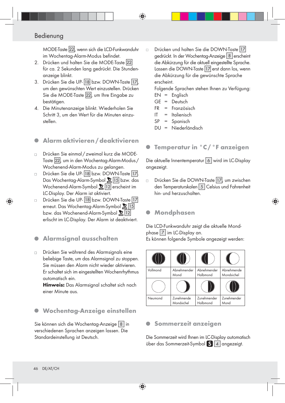 Bedienung, Alarm aktivieren / deaktivieren, Alarmsignal ausschalten | Wochentag-anzeige einstellen, Temperatur in °c / °f anzeigen, Mondphasen, Sommerzeit anzeigen | Auriol Z29620A_B User Manual | Page 46 / 49
