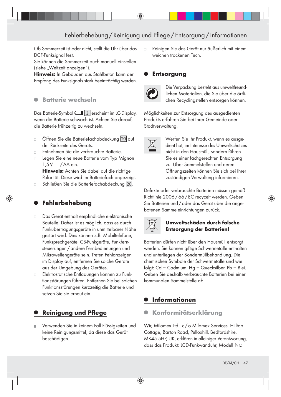Batterie wechseln, Fehlerbehebung, Reinigung und pﬂege | Entsorgung, Informationen konformitätserklärung | Auriol Z29620A_B User Manual | Page 47 / 49