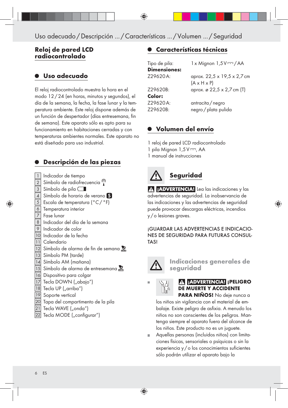 Reloj de pared lcd radiocontrolado uso adecuado, Descripción de las piezas, Características técnicas | Volumen del envío, Seguridad, Indicaciones generales de seguridad | Auriol Z29620A_B User Manual | Page 6 / 49