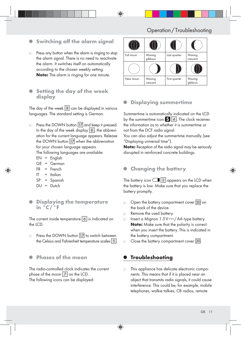 Operation / troubleshooting, Switching oﬀ the alarm signal, Setting the day of the week display | Displaying the temperature in °c / °f, Phases of the moon, Displaying summertime, Changing the battery, Troubleshooting | Auriol Z29620A_B User Manual | Page 11 / 65