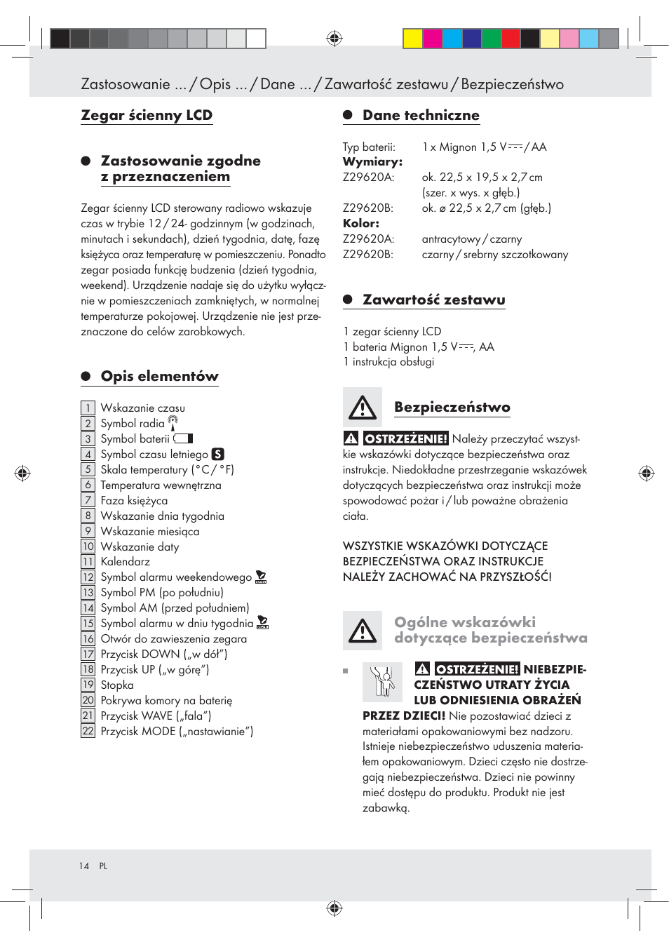 Zastosowanie … / opis … / dane … / zawartość, Zestawu / bezpieczeństwo, Opis elementów | Dane techniczne, Zawartość zestawu, Bezpieczeństwo, Ogólne wskazówki dotyczące bezpieczeństwa | Auriol Z29620A_B User Manual | Page 14 / 65