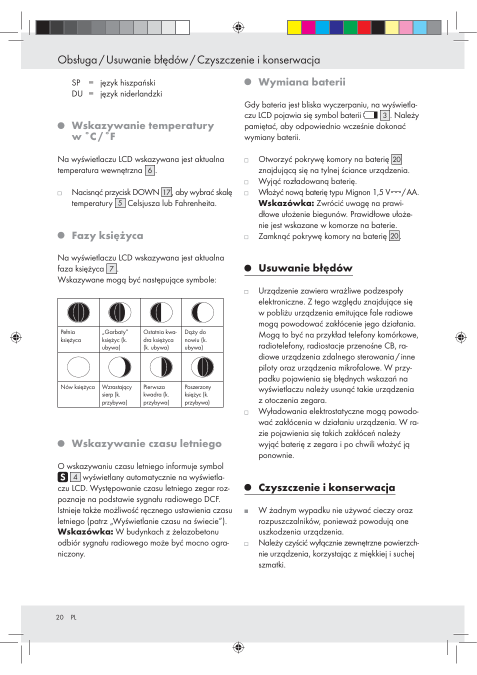 Wskazywanie temperatury w ˚c / ˚f, Fazy księżyca, Wskazywanie czasu letniego | Wymiana baterii, Usuwanie błędów, Czyszczenie i konserwacja | Auriol Z29620A_B User Manual | Page 20 / 65