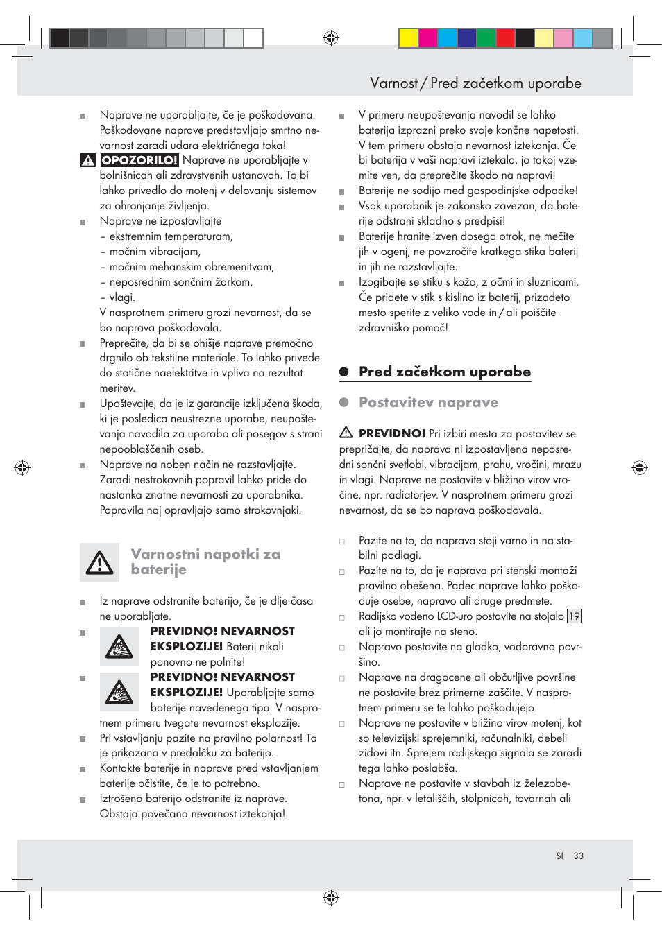 Varnost / pred začetkom uporabe, Varnostni napotki za baterije, Pred začetkom uporabe postavitev naprave | Auriol Z29620A_B User Manual | Page 33 / 65