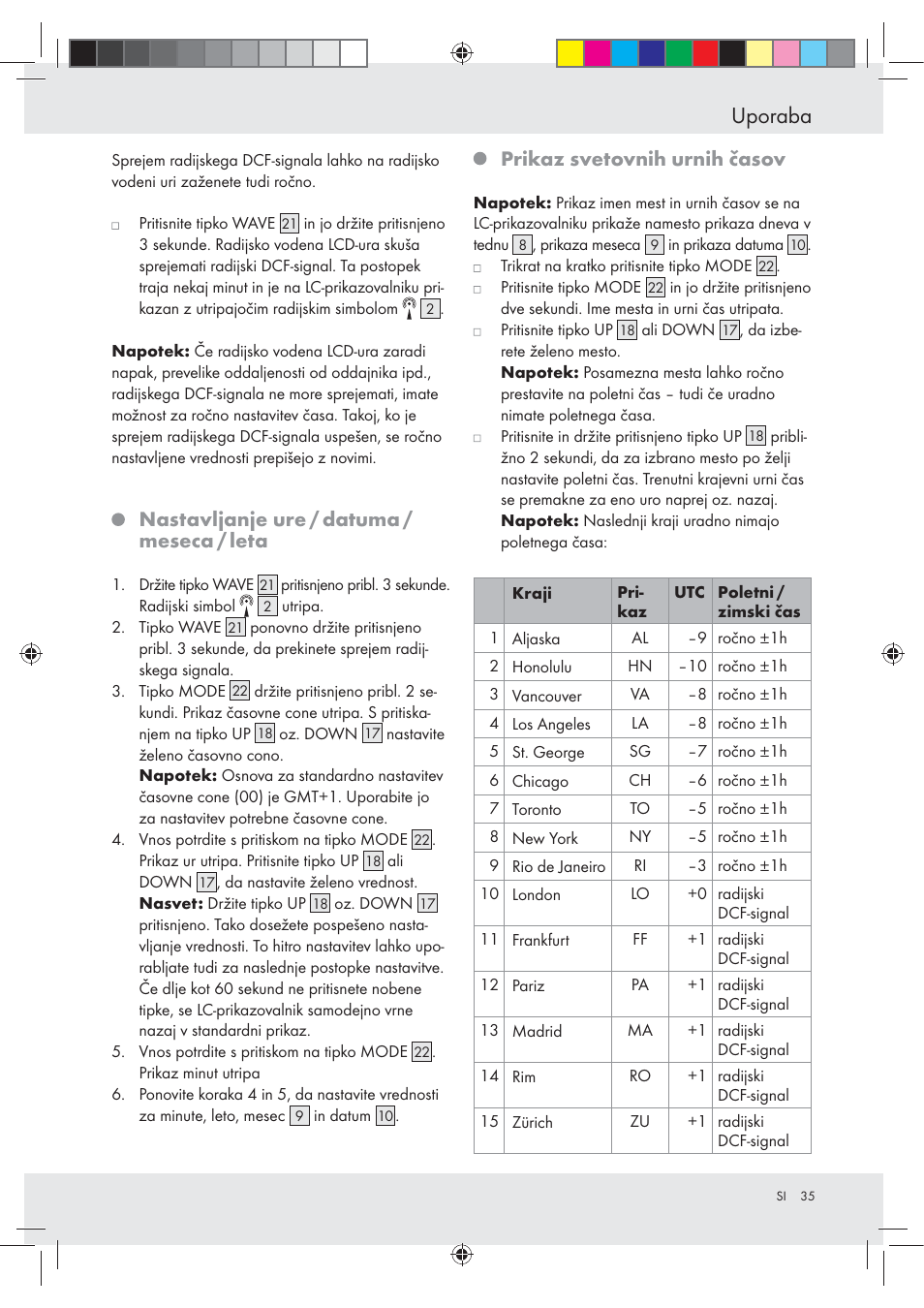 Uporaba, Nastavljanje ure / datuma / meseca / leta, Prikaz svetovnih urnih časov | Auriol Z29620A_B User Manual | Page 35 / 65