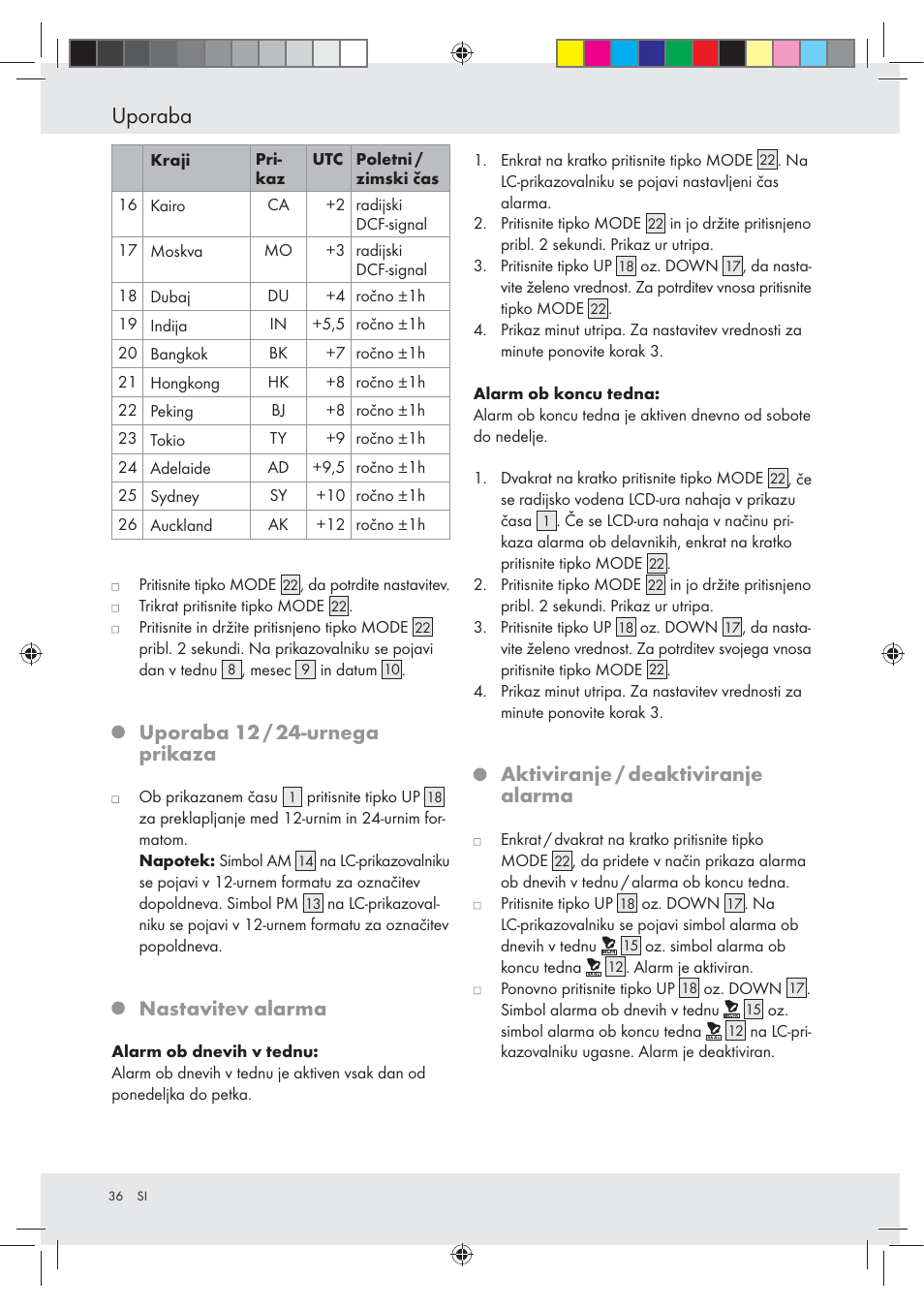 Uporaba, Uporaba 12 / 24-urnega prikaza, Nastavitev alarma | Aktiviranje / deaktiviranje alarma | Auriol Z29620A_B User Manual | Page 36 / 65