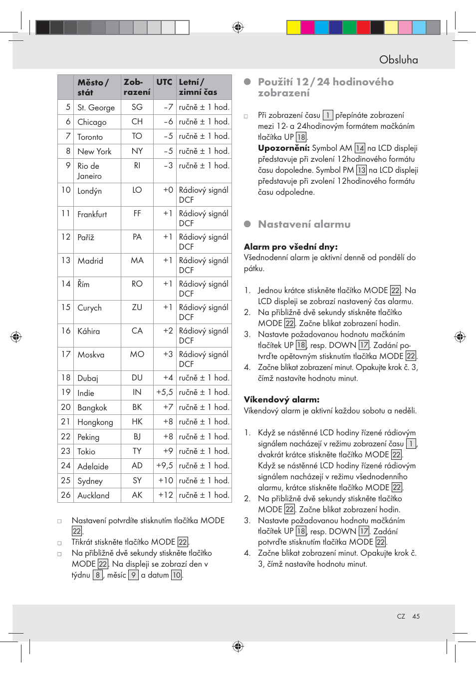 Obsluha, Použití 12 / 24 hodinového zobrazení, Nastavení alarmu | Auriol Z29620A_B User Manual | Page 45 / 65