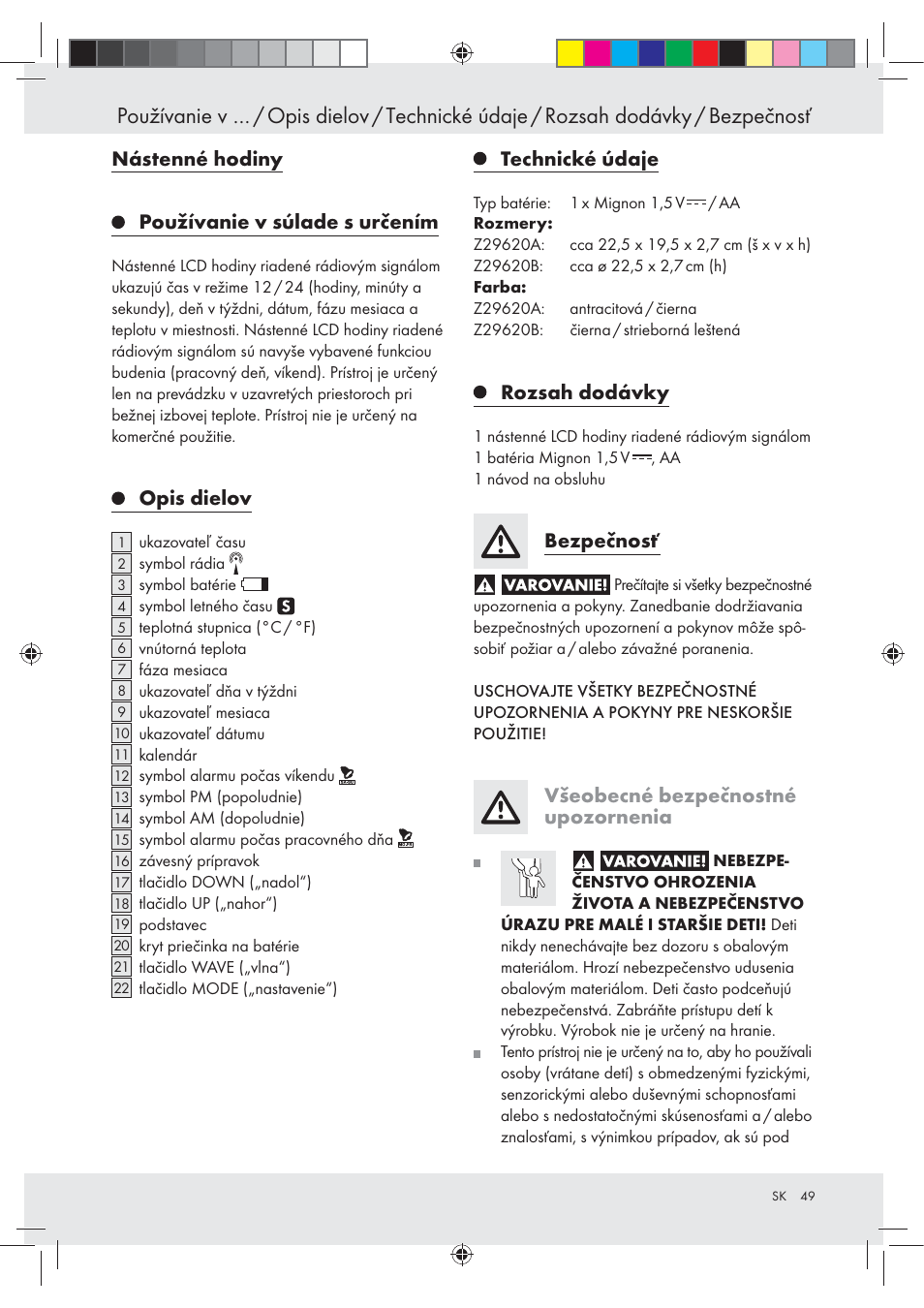 Nástenné hodiny používanie v súlade s určením, Opis dielov, Technické údaje | Rozsah dodávky, Bezpečnosť, Všeobecné bezpečnostné upozornenia | Auriol Z29620A_B User Manual | Page 49 / 65