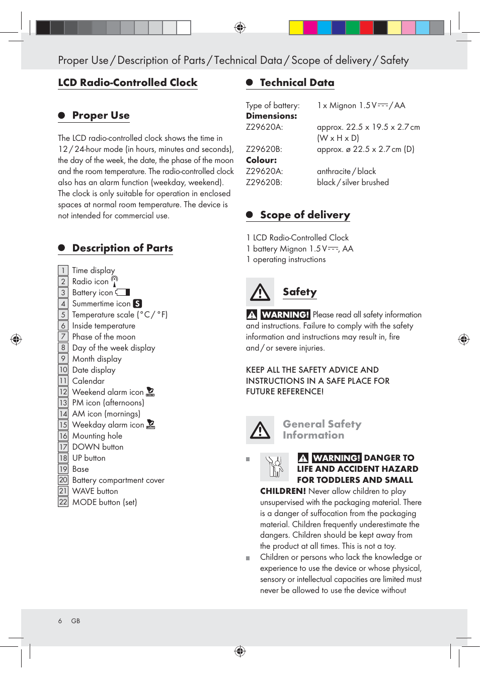Lcd radio-controlled clock proper use, Description of parts, Technical data | Scope of delivery, Safety, General safety information | Auriol Z29620A_B User Manual | Page 6 / 65