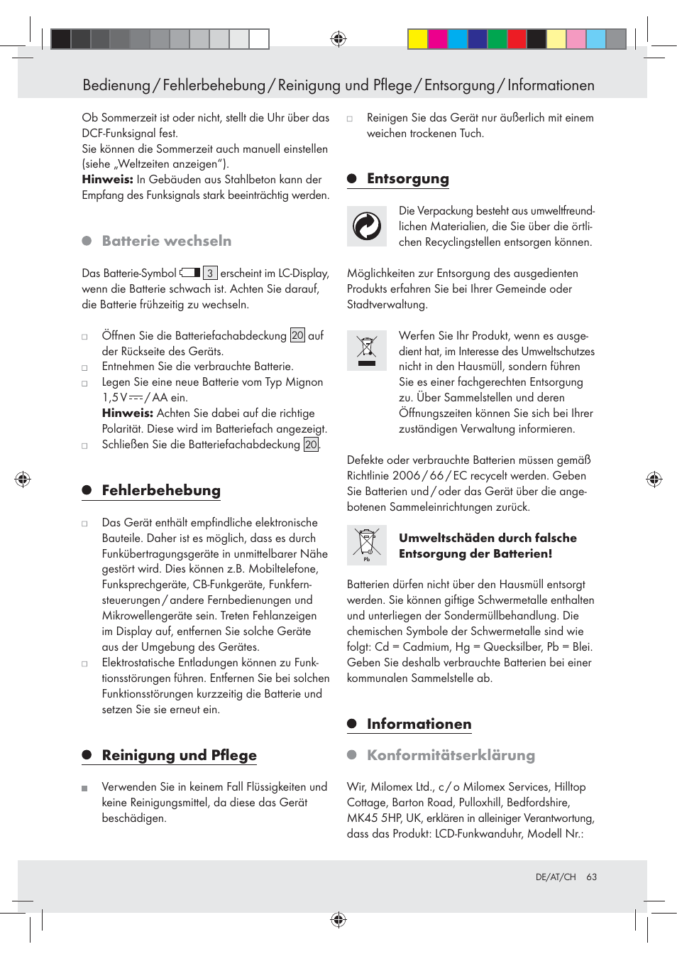 Batterie wechseln, Fehlerbehebung, Reinigung und pﬂege | Entsorgung, Informationen konformitätserklärung | Auriol Z29620A_B User Manual | Page 63 / 65