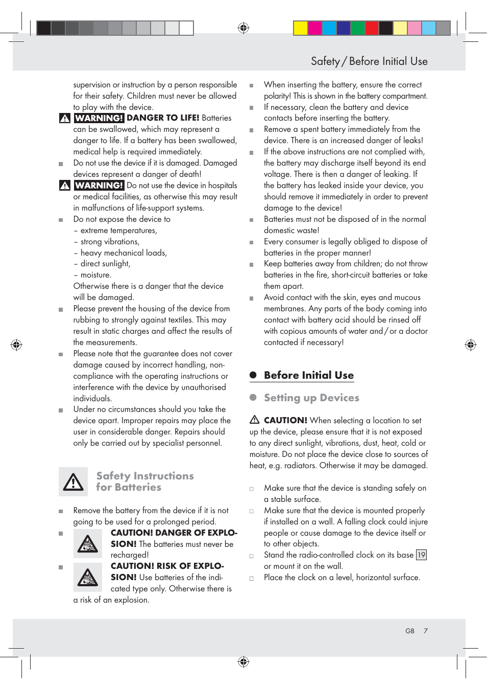 Safety / before initial use, Safety instructions for batteries, Before initial use setting up devices | Auriol Z29620A_B User Manual | Page 7 / 65