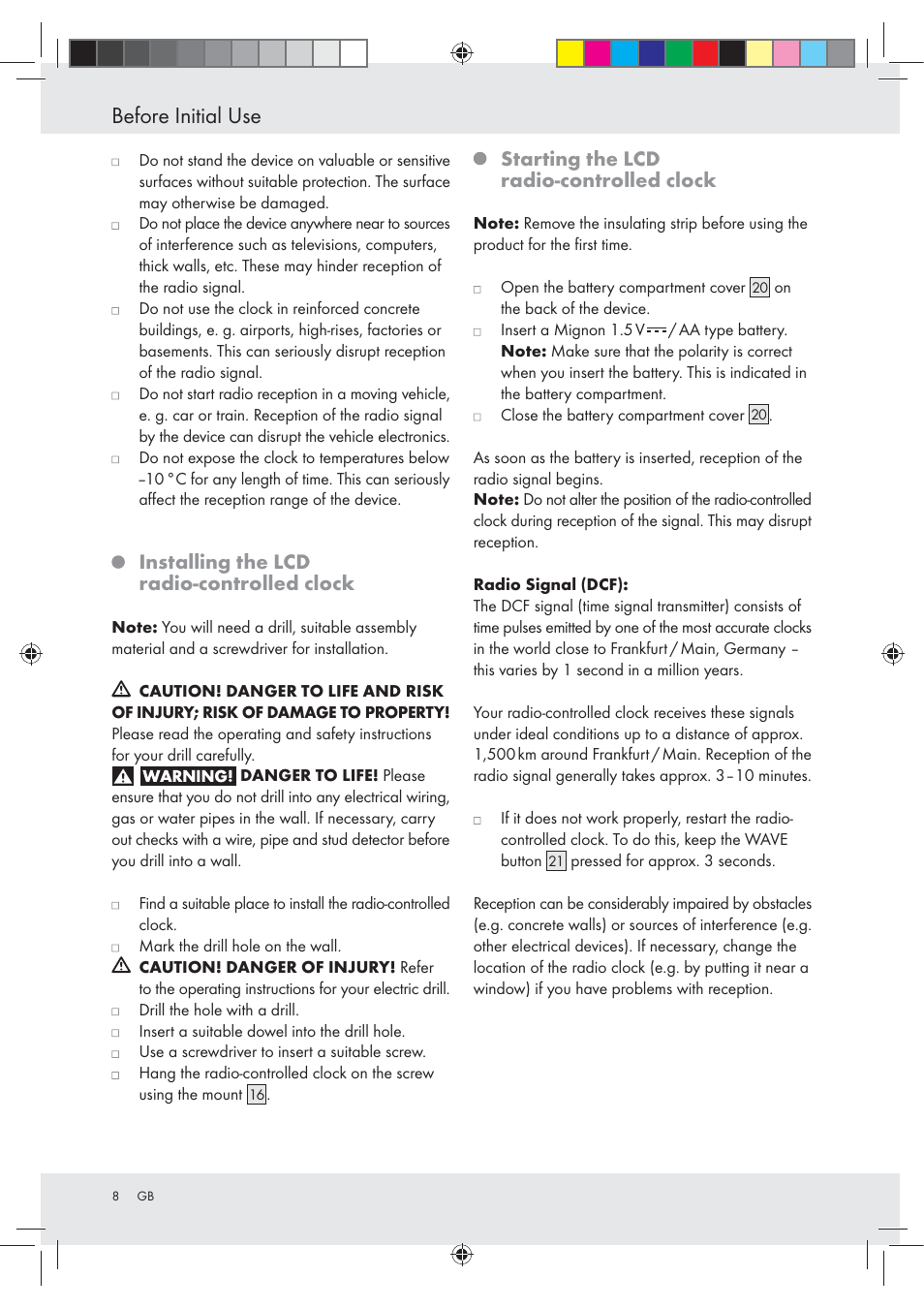 Before initial use, Installing the lcd radio-controlled clock, Starting the lcd radio-controlled clock | Auriol Z29620A_B User Manual | Page 8 / 65