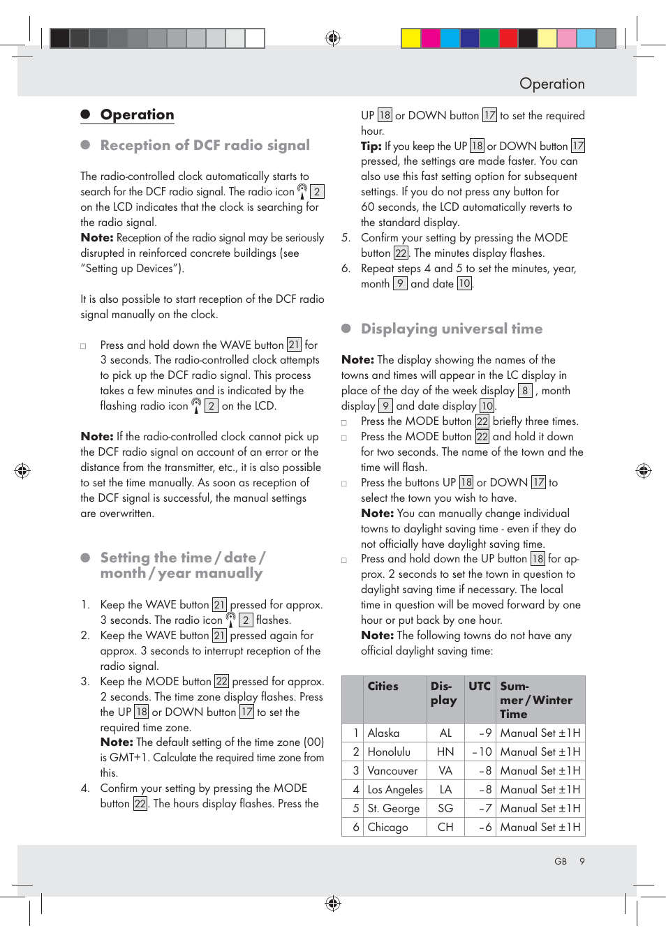 Operation, Operation reception of dcf radio signal, Setting the time / date / month / year manually | Displaying universal time | Auriol Z29620A_B User Manual | Page 9 / 65