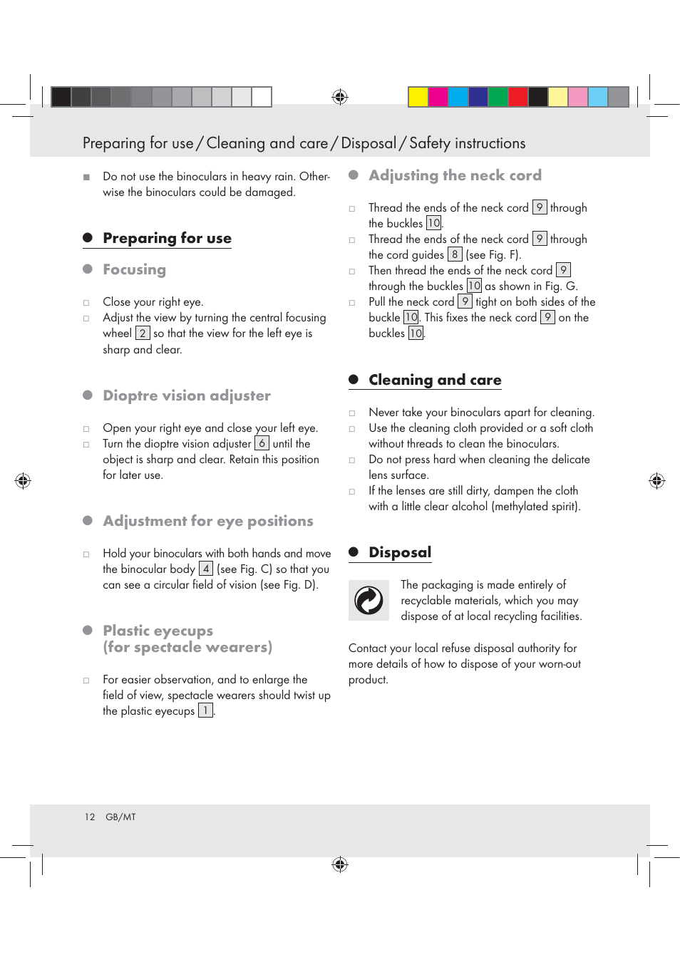 Preparing for use, Focusing, Dioptre vision adjuster | Adjustment for eye positions, Plastic eyecups (for spectacle wearers), Adjusting the neck cord, Cleaning and care, Disposal | Auriol BINOCULARS 10x50 User Manual | Page 10 / 13
