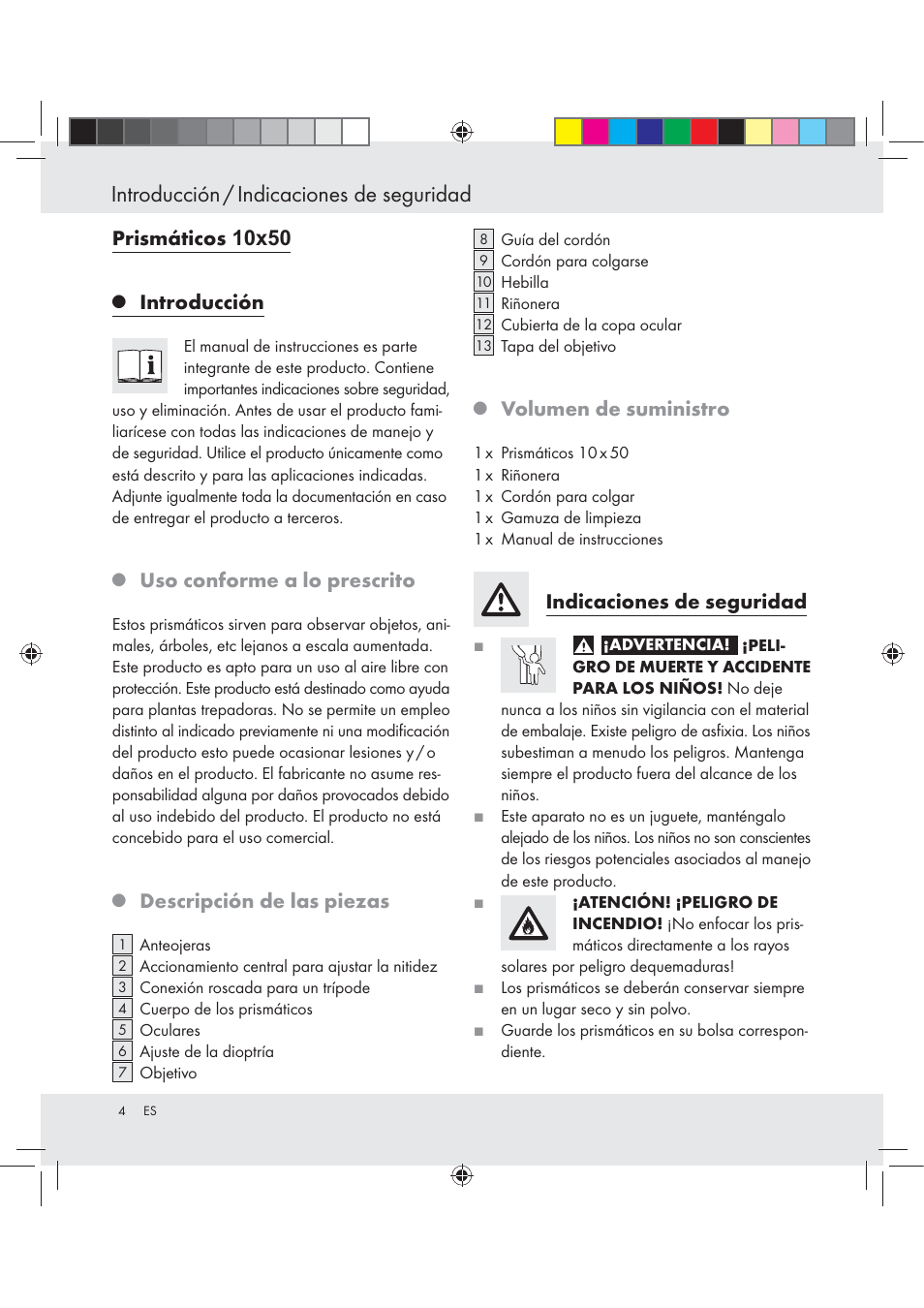 Introducción / indicaciones de seguridad, Prismáticos, Introducción | Uso conforme a lo prescrito, Descripción de las piezas, Volumen de suministro, Indicaciones de seguridad | Auriol BINOCULARS 10x50 User Manual | Page 2 / 13
