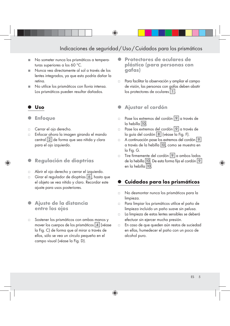 Enfoque, Regulación de dioptrías, Ajuste de la distancia entre los ojos | Ajustar el cordón, Cuidados para los prismáticos | Auriol BINOCULARS 10x50 User Manual | Page 3 / 13