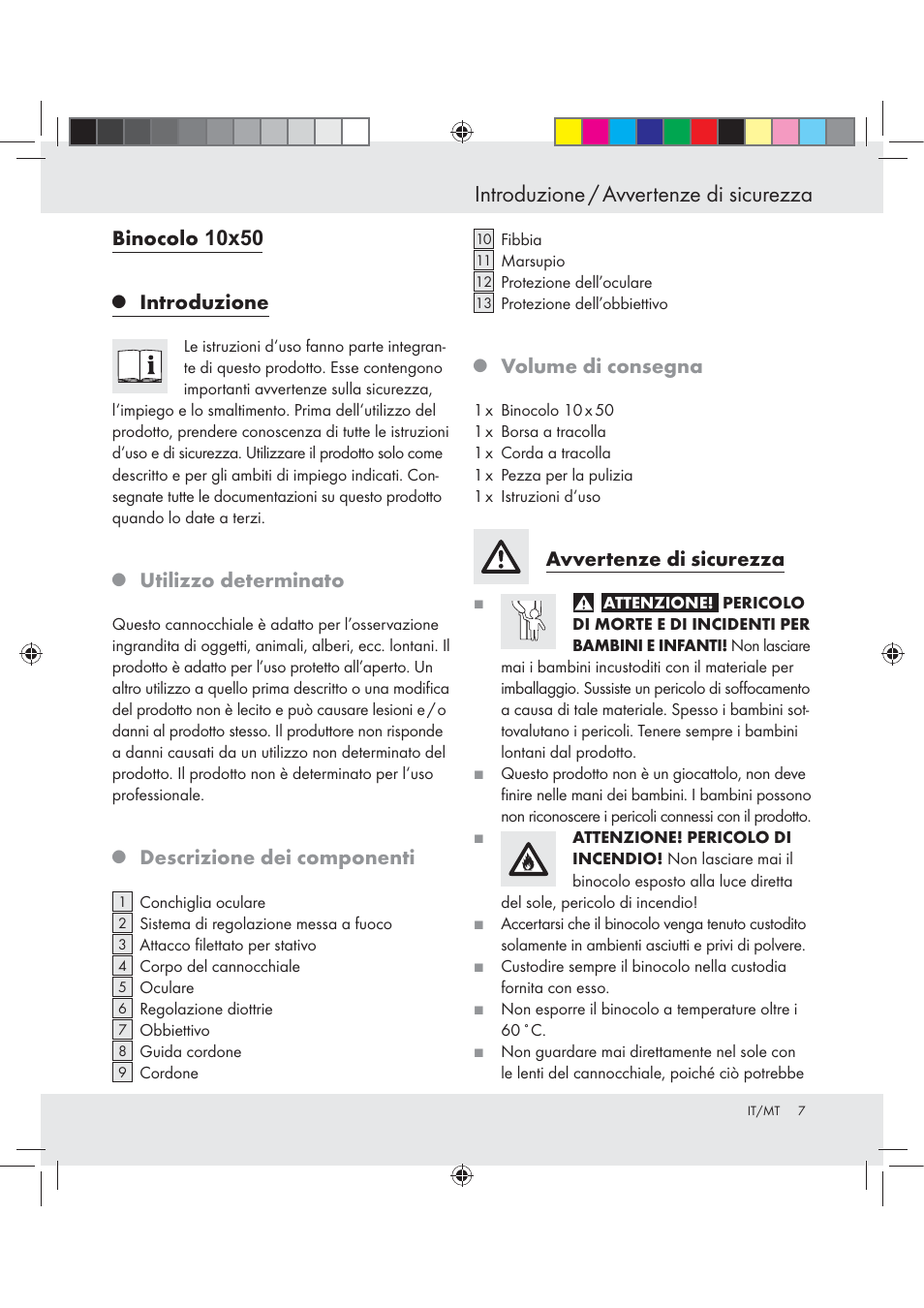 Introduzione / avvertenze di sicurezza, Binocolo, Introduzione | Utilizzo determinato, Descrizione dei componenti, Volume di consegna, Avvertenze di sicurezza | Auriol BINOCULARS 10x50 User Manual | Page 5 / 13