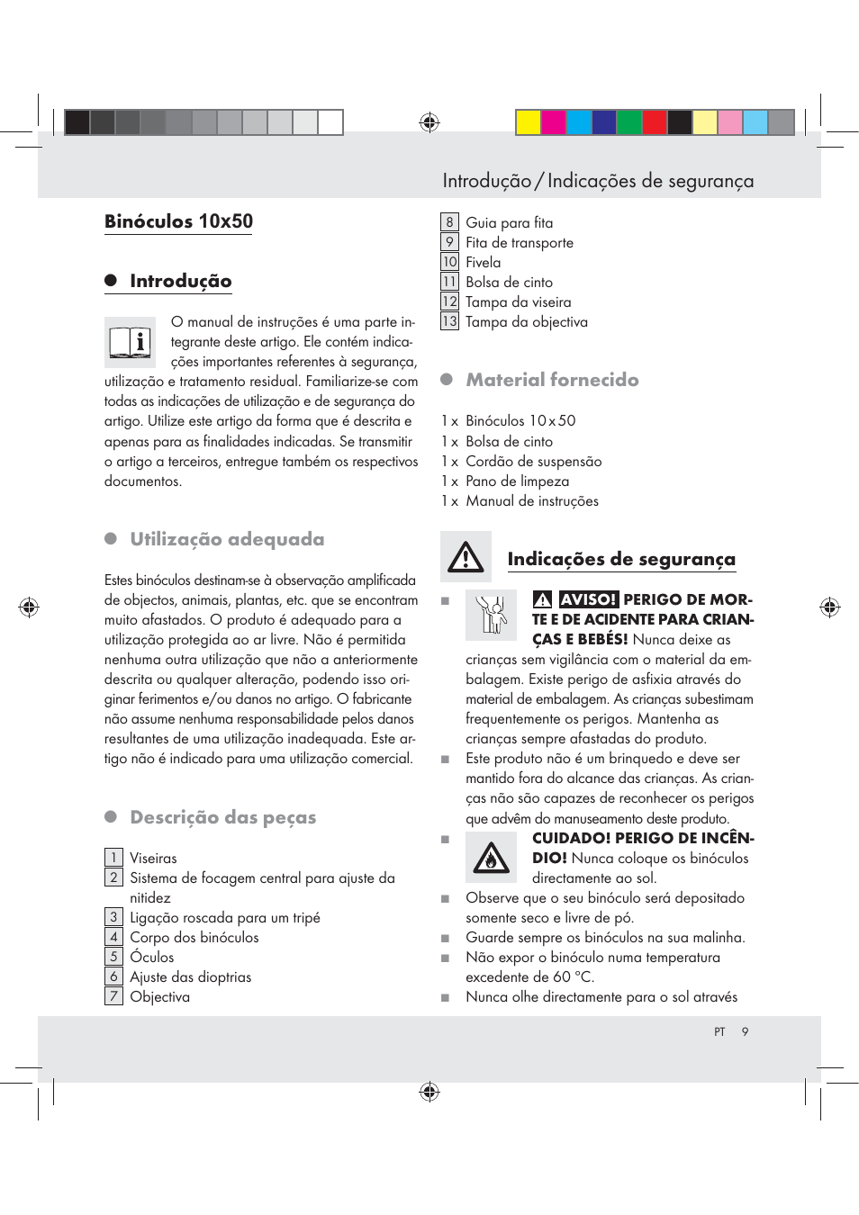 Introdução / indicações de segurança, Binóculos, Introdução | Utilização adequada, Descrição das peças, Material fornecido, Indicações de segurança | Auriol BINOCULARS 10x50 User Manual | Page 7 / 13