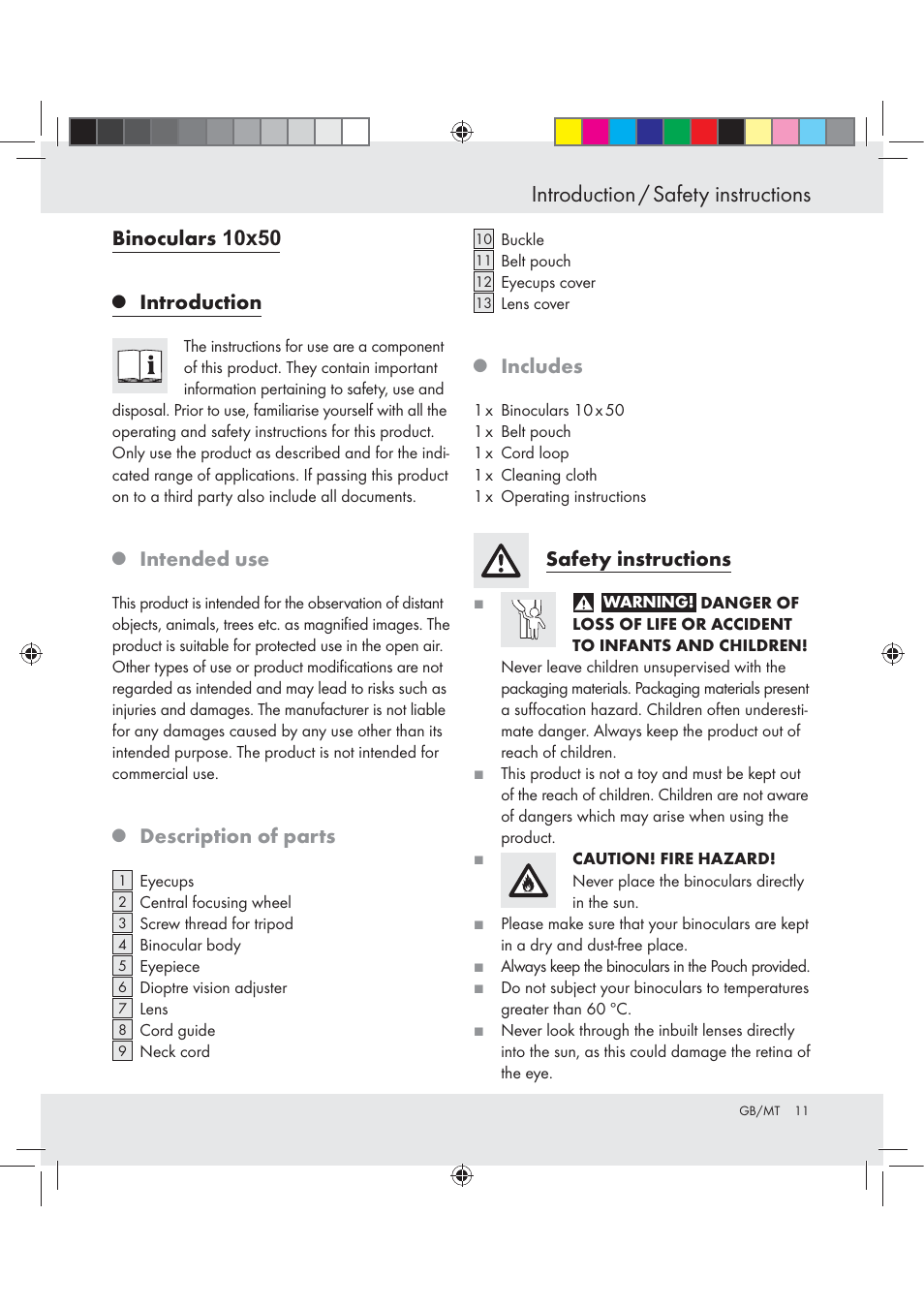 Introduction / safety instructions, Binoculars, Introduction | Intended use, Description of parts, Includes, Safety instructions | Auriol BINOCULARS 10x50 User Manual | Page 9 / 13