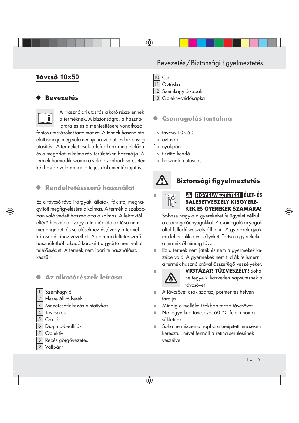 Bevezetés / biztonsági ﬁgyelmeztetés, Távcső, Bevezetés | Rendeltetésszerű használat, Az alkotórészek leírása, Csomagolás tartalma, Biztonsági ﬁgyelmeztetés | Auriol BINOCULARS 10x50 User Manual | Page 7 / 19