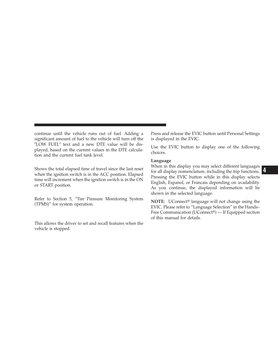 Elapsed time, Tire pressure monitor (tpm) - if equipped, Personal settings (customer-programmable features) | Tire pressure monitor (tpm), If equipped, Personal settings (customer-programmable, Features) | Dodge 2009 Caliber SRT4 User Manual | Page 183 / 411