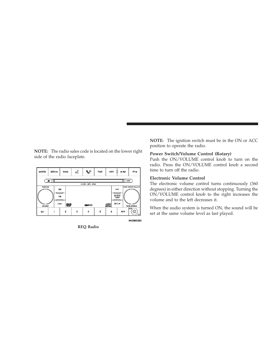 Operating instructions - radio mode, Sales code req — am/fm stereo radio and, 6–disc cd/dvd changer (mp3/wma aux jack) | Dodge 2009 Caliber SRT4 User Manual | Page 190 / 411