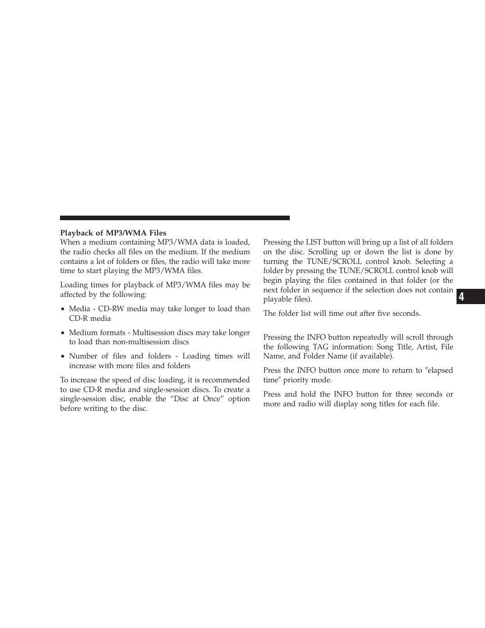 List button (disc mode for mp3/wma play), Info button (disc mode for mp3/wma play), List button (disc mode for | Mp3/wma play), Info button (disc mode for mp3/wma, Play) | Dodge 2009 Caliber SRT4 User Manual | Page 203 / 411