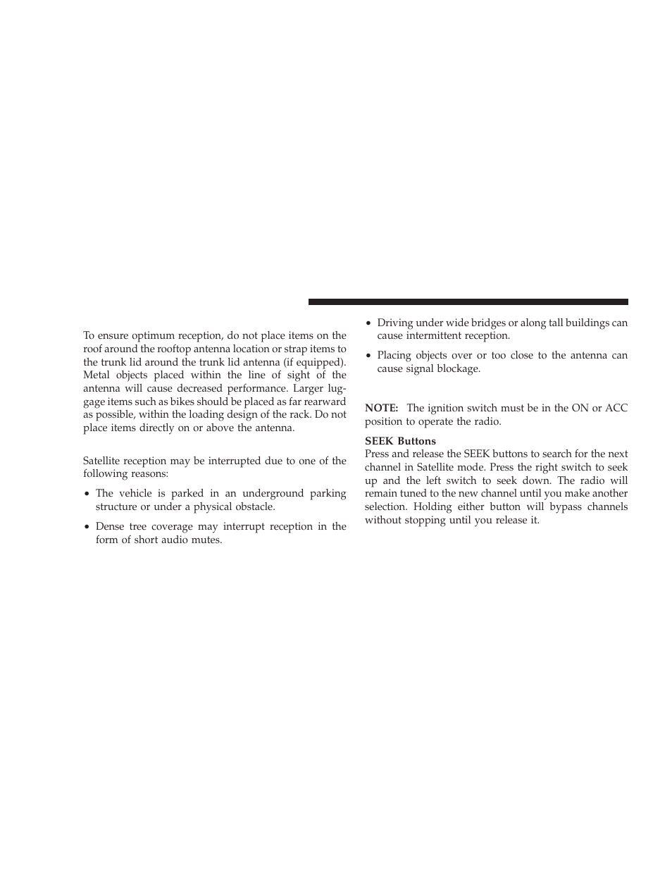 Satellite antenna, Reception quality, Operating instructions - satellite mode | Operating instructions — satellite mode | Dodge 2009 Caliber SRT4 User Manual | Page 232 / 411