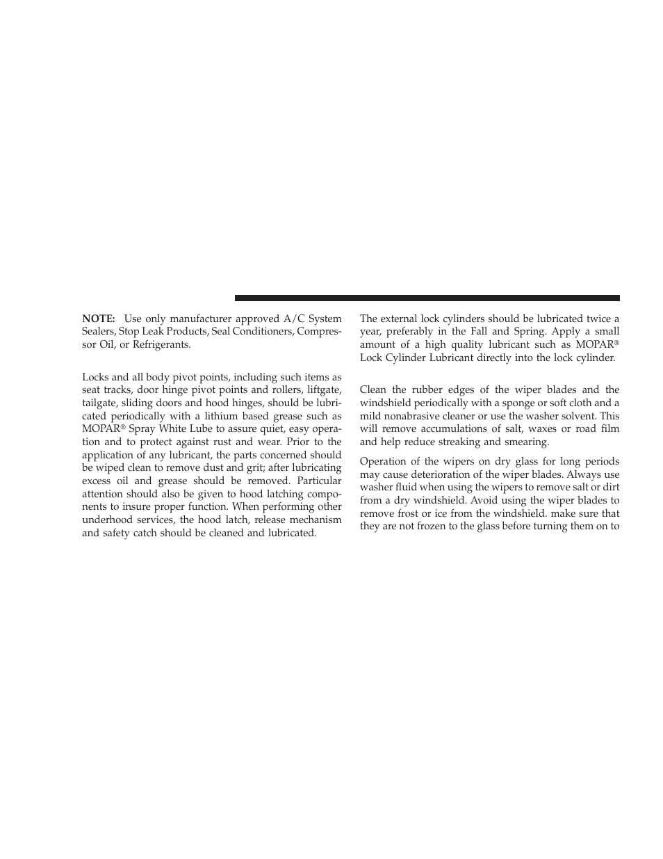 Body lubrication, Windshield wiper blades | Dodge 2009 Caliber SRT4 User Manual | Page 338 / 411