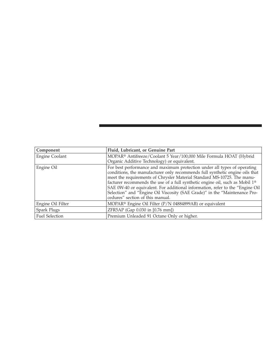 Fluids, lubricants, and genuine parts, Engine | Dodge 2009 Caliber SRT4 User Manual | Page 362 / 411