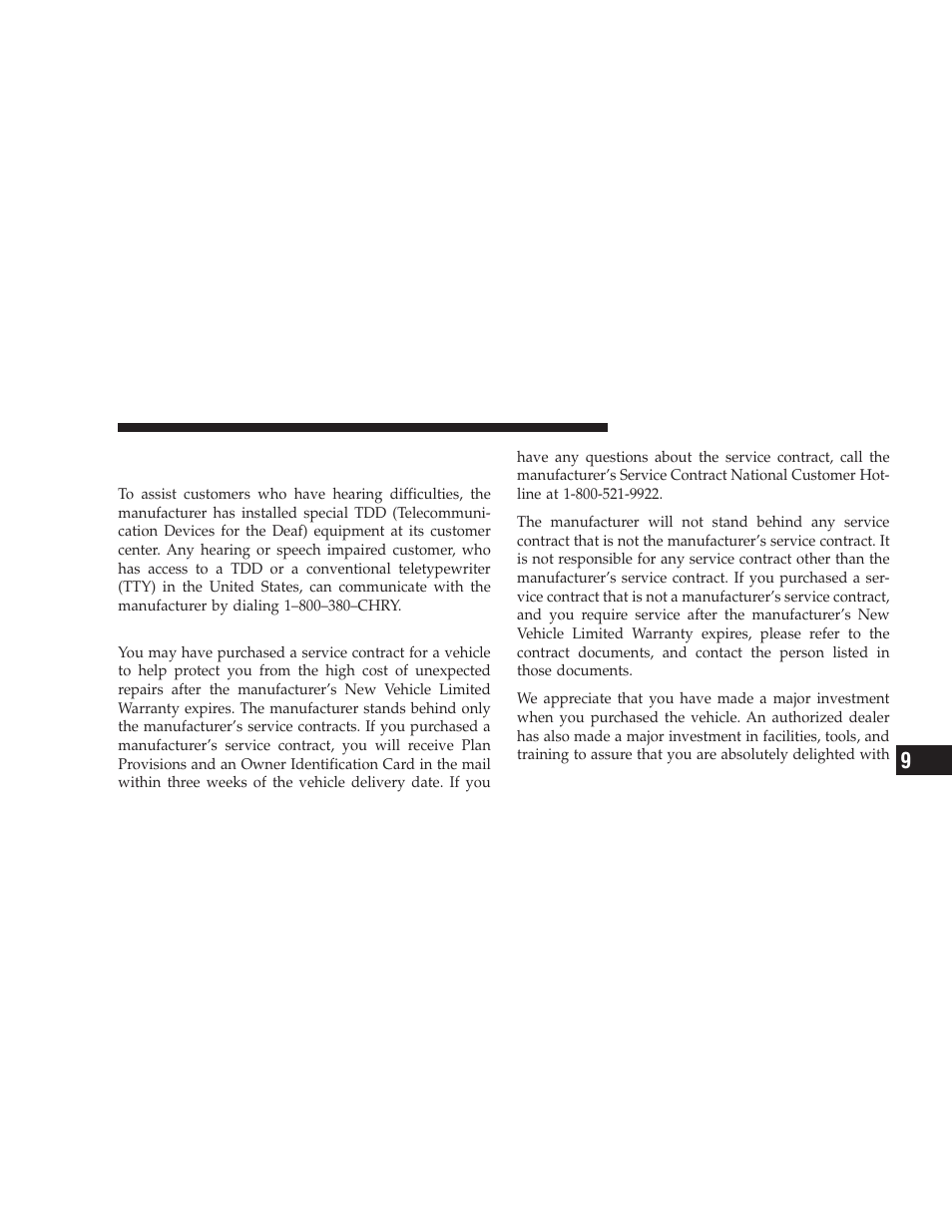 Service contract, Customer assistance for the hearing or, Speech impaired (tdd/tty) | Dodge 2009 Caliber SRT4 User Manual | Page 387 / 411