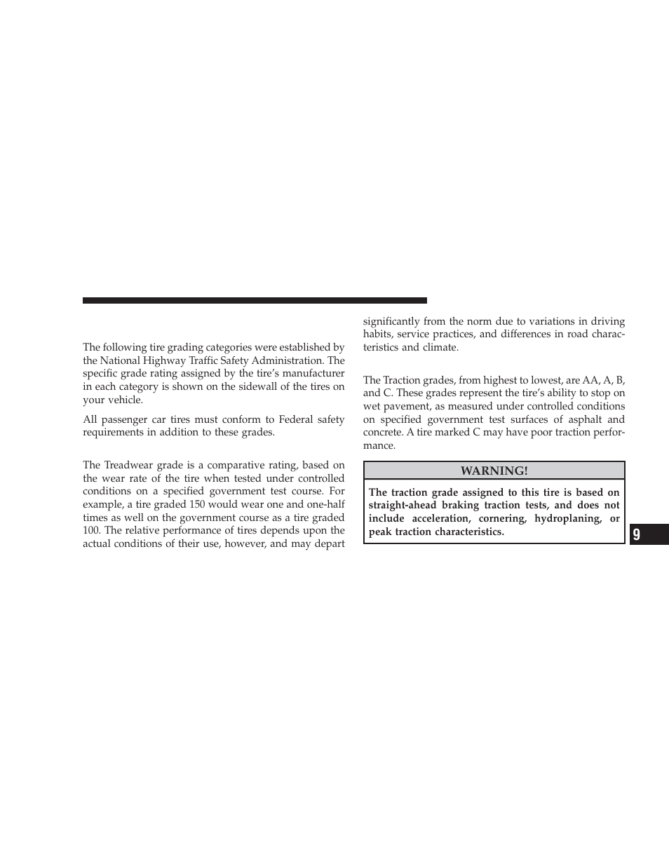 Treadwear, Traction grades, Department of transportation uniform tire | Quality grades | Dodge 2009 Caliber SRT4 User Manual | Page 391 / 411