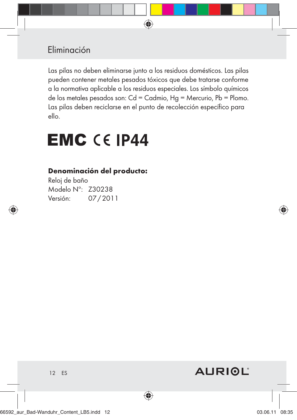 Eliminación | Auriol Z30238 User Manual | Page 10 / 46