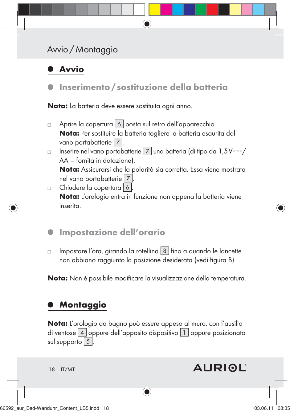 Avvio / montaggio, Avvio inserimento / sostituzione della batteria, Impostazione dell’orario | Montaggio | Auriol Z30238 User Manual | Page 16 / 46