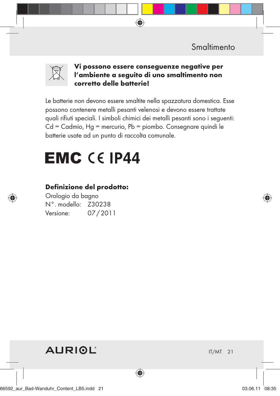 Smaltimento | Auriol Z30238 User Manual | Page 19 / 46