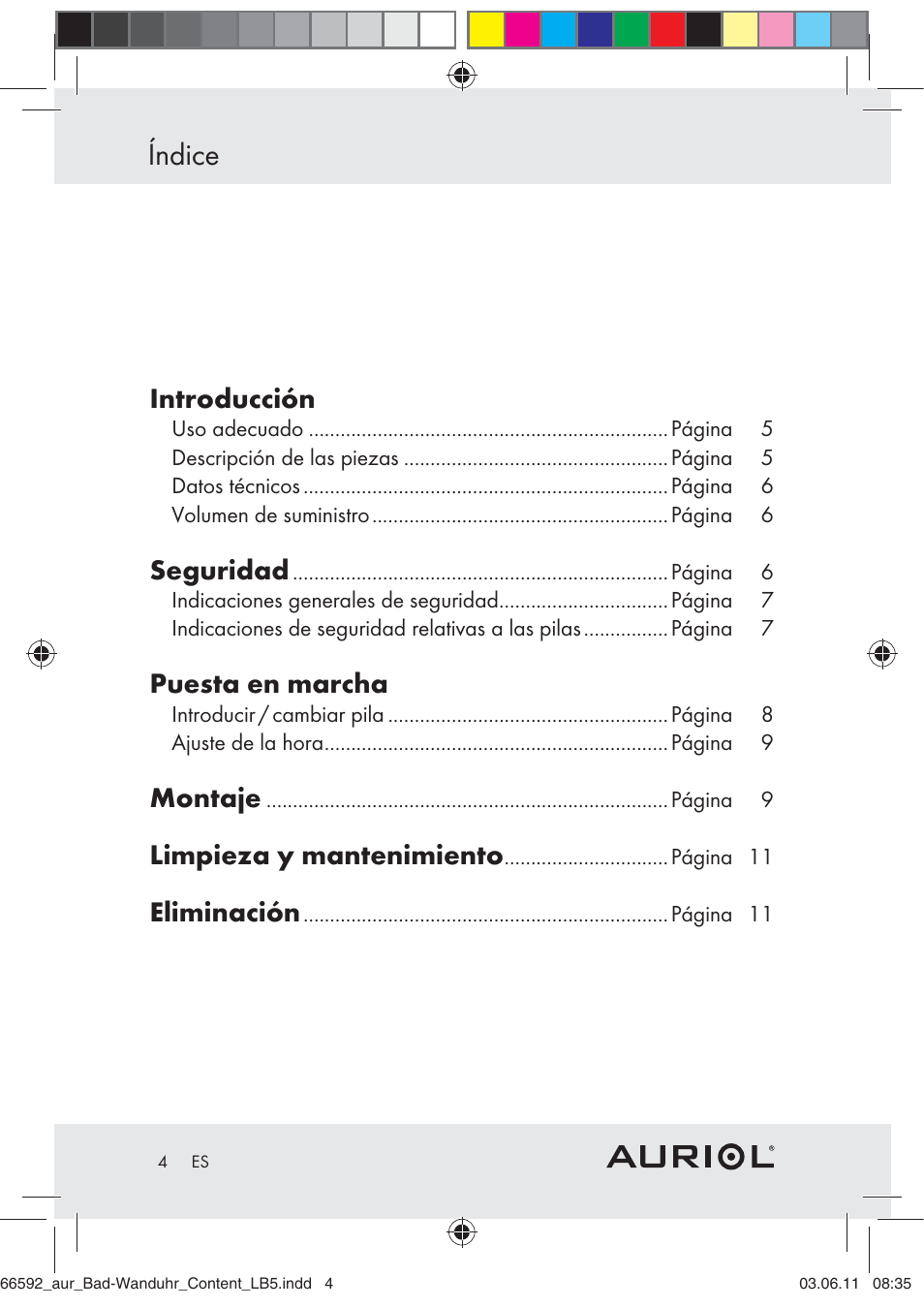 Índice, Introducción, Seguridad | Puesta en marcha, Montaje, Limpieza y mantenimiento, Eliminación | Auriol Z30238 User Manual | Page 2 / 46