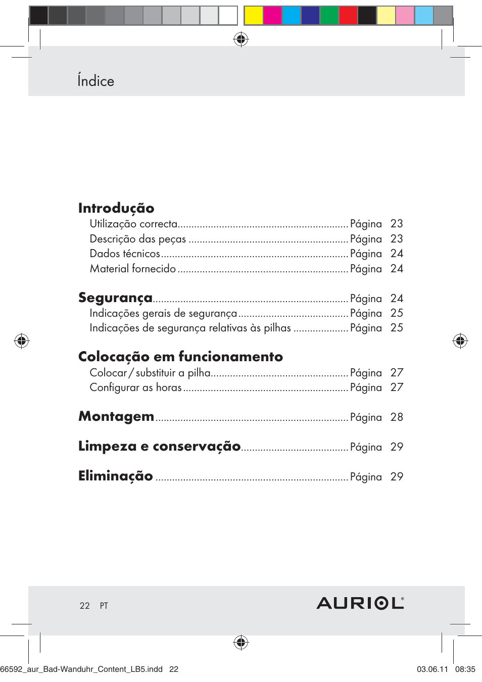 Índice, Introdução, Segurança | Colocação em funcionamento, Montagem, Limpeza e conservação, Eliminação | Auriol Z30238 User Manual | Page 20 / 46