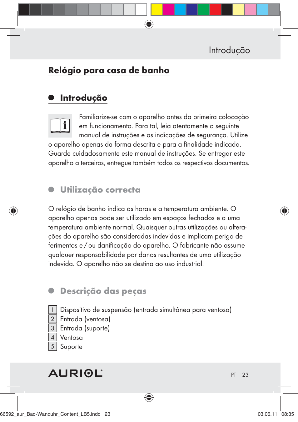 Introdução, Relógio para casa de banho introdução, Utilização correcta | Descrição das peças | Auriol Z30238 User Manual | Page 21 / 46