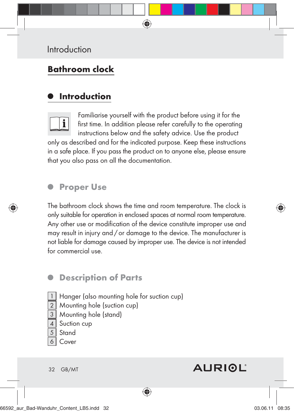 Introduction, Bathroom clock introduction, Proper use | Description of parts | Auriol Z30238 User Manual | Page 30 / 46